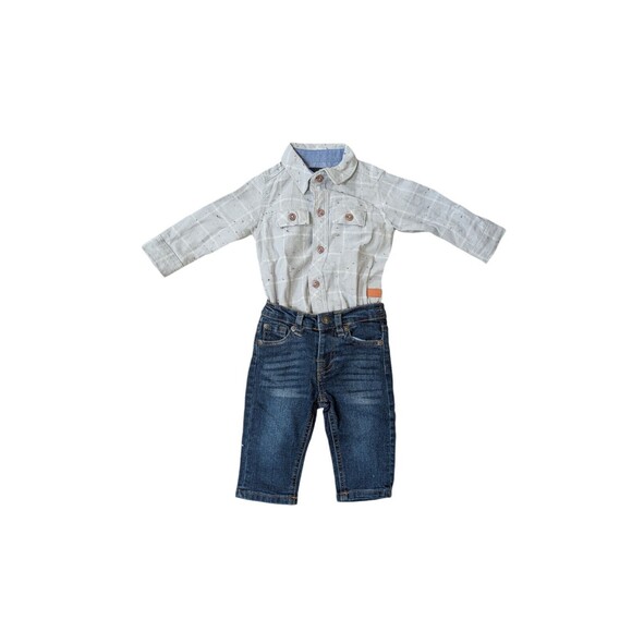 7 FOR ALL MANKIND 3-6 mo BABY BOY One Piece Flannel Outfit Plaid Jeans - Picture 1 of 1